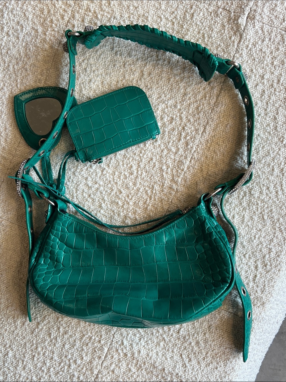 Balenciaga Calfskin Crystal Crocodile Embossed Le Cagole Shoulder Bag XS Jade - Picture 5 of 12